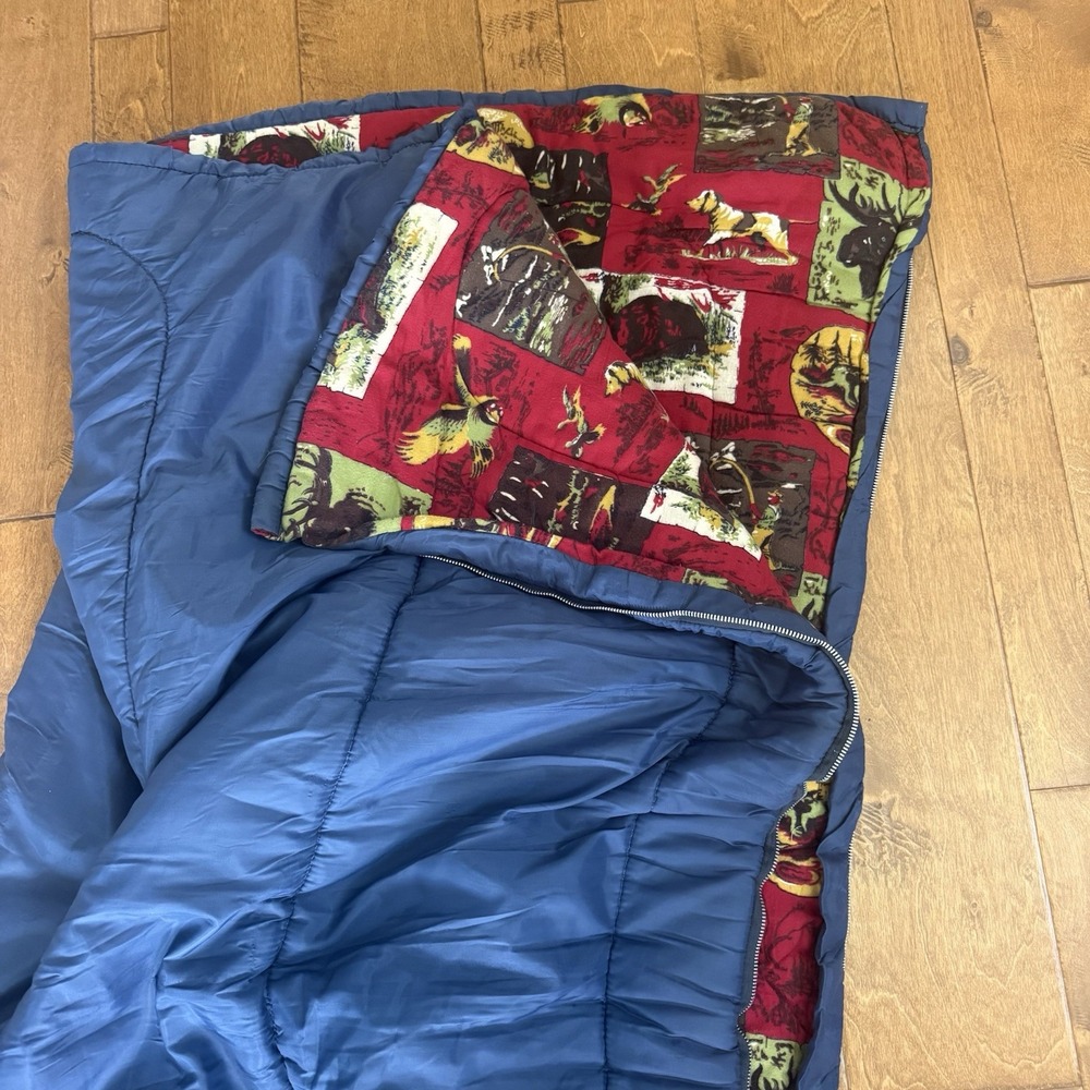 Vintage 1970s Coleman Sleeping Bag Blue Red Flannel Lined Hunt Moose Duck Dog